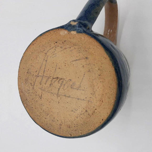 Vintage Studio Handcrafted Pottery Blue & Beige Stoneware Cream Pitcher Signed - Picture 6 of 9